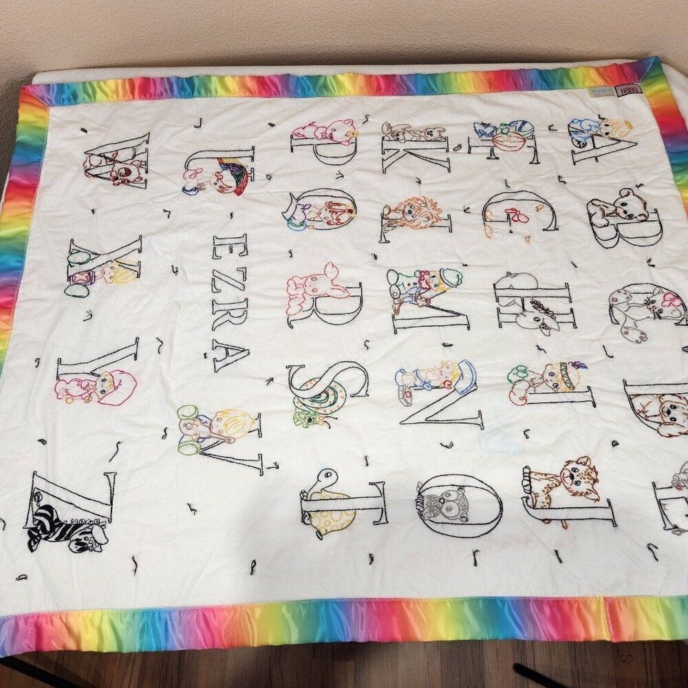 Vintage 80s Precious Moments Alphabet Blanket Rainbow Embroidered Crib Throw